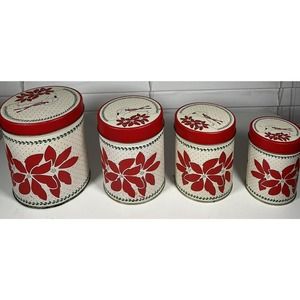 Set of 4 Vintage Red Nesting Canisters Poinsettia Swan Metal Tin Kitchen
